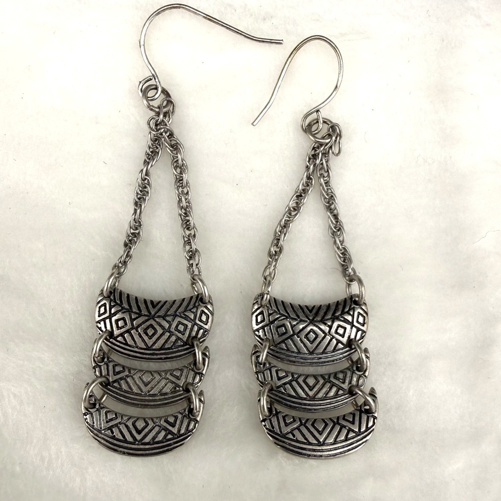 Vintage Estate Dangle Earrings Silver Tone Tribal Geometric Tiered Boho